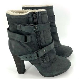 Allsaints Aloquin Boots Leather Booties Shearling Platform Heel Strappy 38 / 8